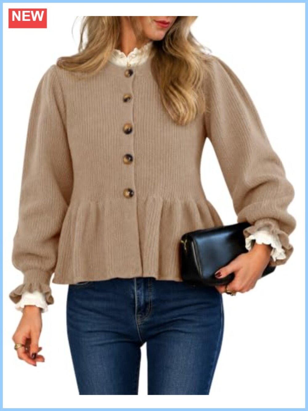 Womens Cropped Cardigan Ruffle Sleeve Button Up Peplum Sweater